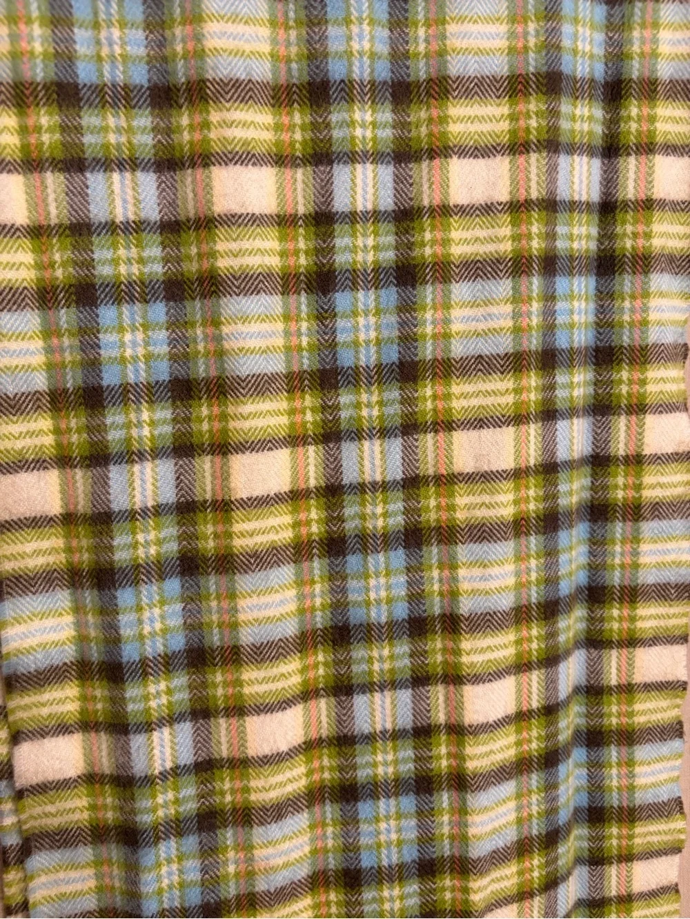 100% Cashmere Vintage Plaid Fringe Scarf in Green, Blue & Cream Made in England